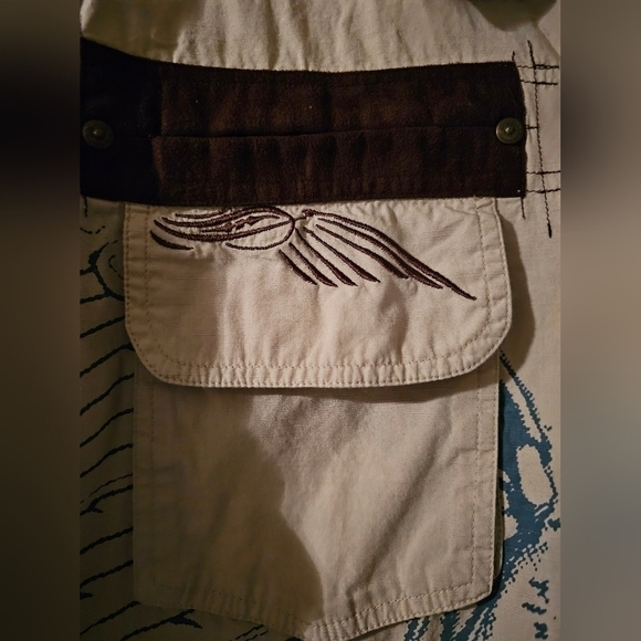 Nostic Angel Wings Embroidered Button Down Beige Red Shirt Seeing Eye - Picture 6 of 8